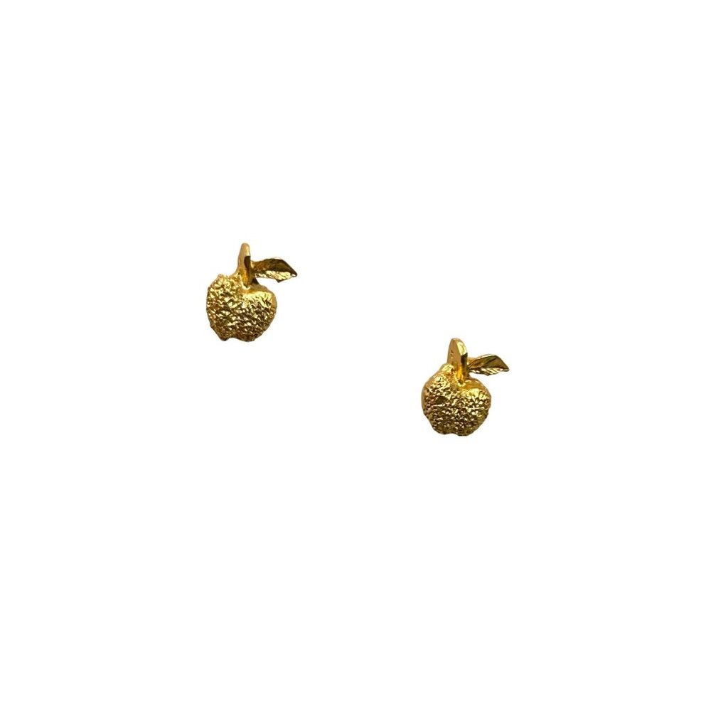 Vintage Gold Tone Apple Stud Earrings Pierced Textured Design Fruit Jewelry